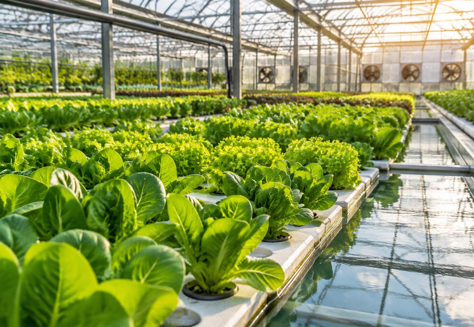 Vegetales cultivados en piscinas hidropónicas dentro del invernadero